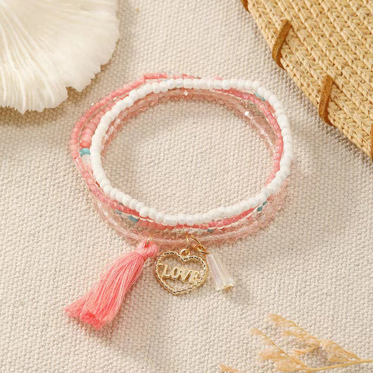 Pulsera de borla rosa con corazón de amor de aleación bohemia