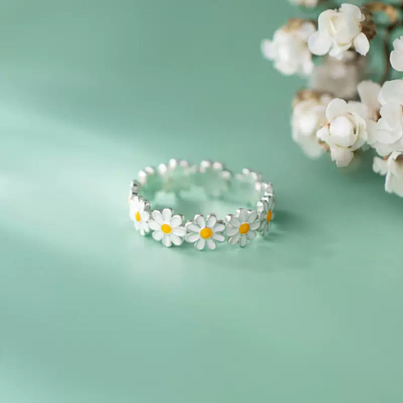 Anillo de plata de ley S925 con diseño de margaritas de moda