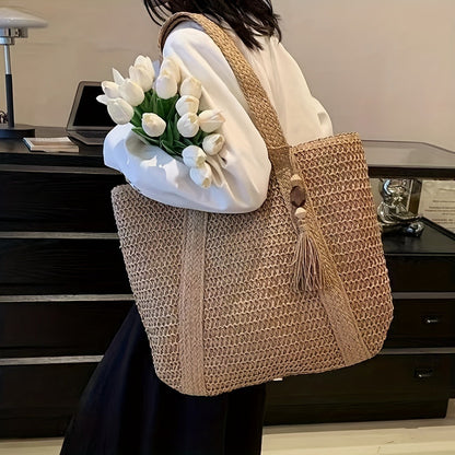 Women Casual Solid Color Straw Woven Beach Tote Bag