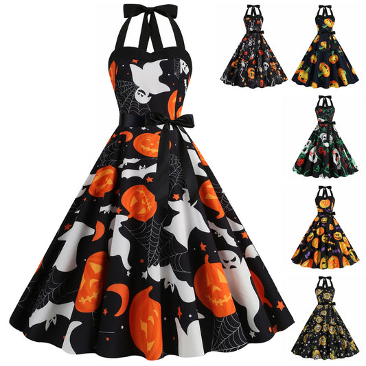 Vestido con estampado de telaraña y calabaza de Halloween para mujer