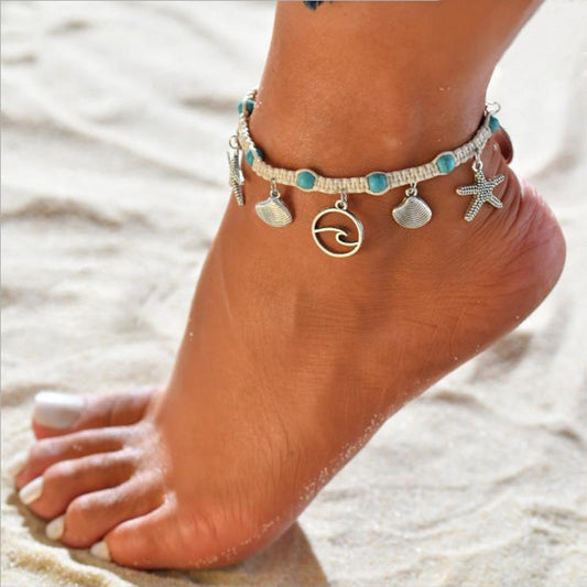 Tobillera bohemia de cuerda trenzada con conchas y estrellas de mar