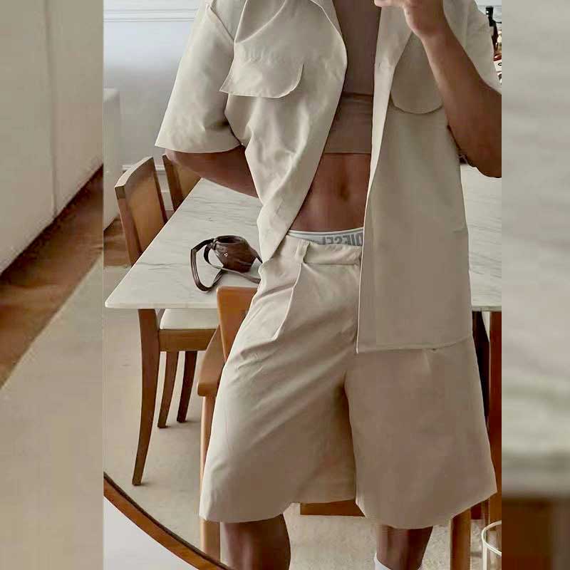 Conjunto de camisa y pantalones cortos de mezcla de algodón de manga corta para hombre