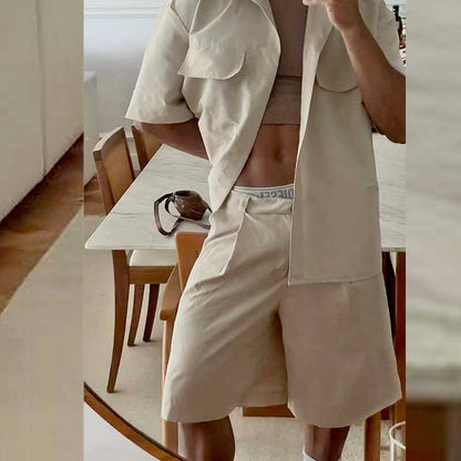 Conjunto de camisa y pantalones cortos de mezcla de algodón de manga corta para hombre