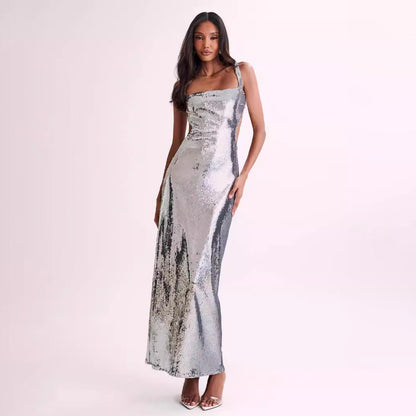 Women Fashion Sexy Sequin Sleeveless Backless Slim Dress