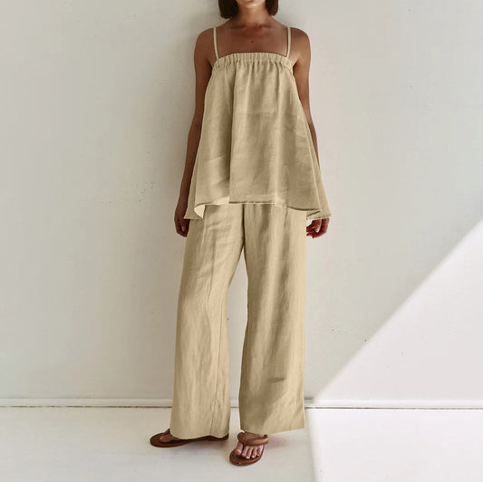 Conjunto de top con tirantes y pierna ancha de color liso a la moda para mujer