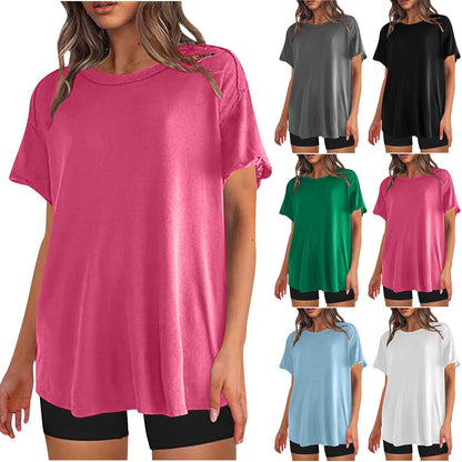 Camiseta holgada de manga corta con cuello redondo y color liso para mujer
