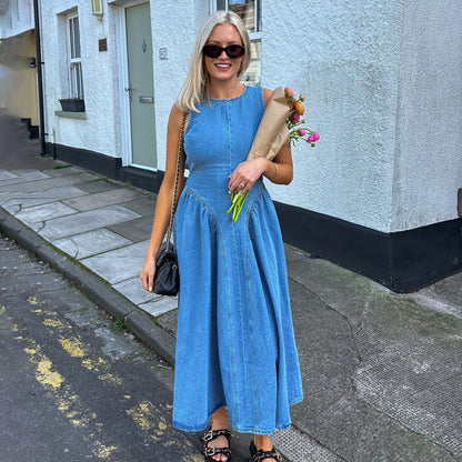 Women Fashion Sexy Solid Color Sleeveless Backless Denim Dress
