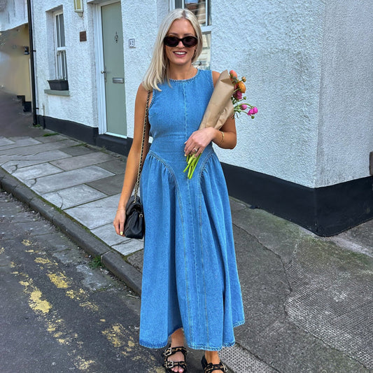 Women Fashion Sexy Solid Color Sleeveless Backless Denim Dress