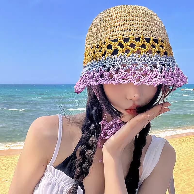 Sombrero de paja hueco tejido a mano sencillo de verano para mujer