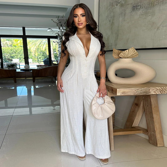 Women Elegant Solid Color Sleeveless Wide Leg Jumpsuit Made of Polyester