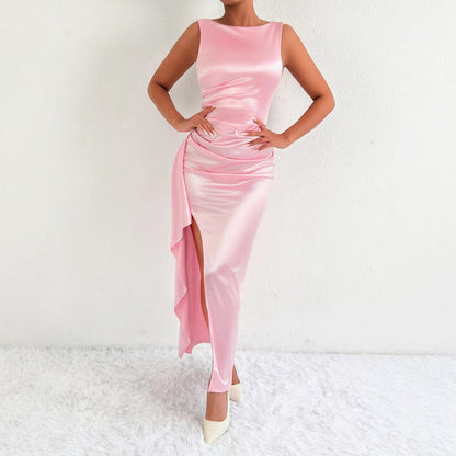 Women Fashion Sleeveless Irregular Split Dress in Solid Color