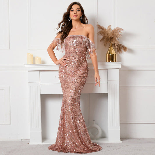 Women Sexy Off-Shoulder Sequins Fringed Halter Party Maxi Nightclub Evening Gown
