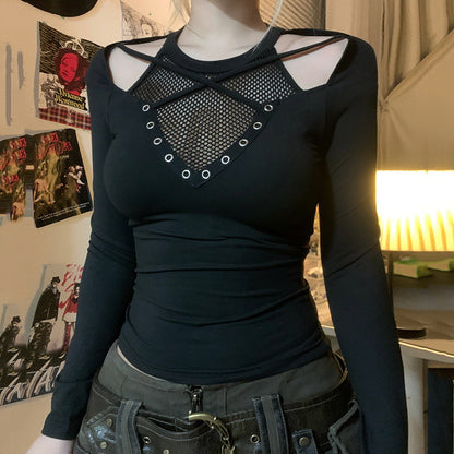 T-shirt gothique à manches longues et coutures en maille pour fille sexy