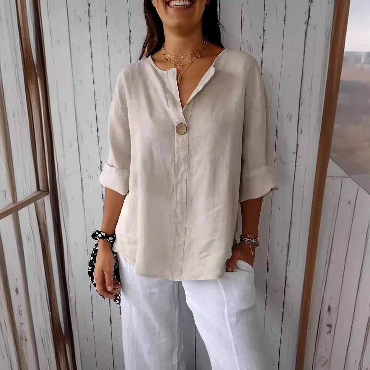 Camisa de lino y algodón de color liso, holgada e informal para mujer, cómoda y elegante.