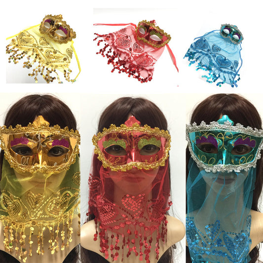 Máscara de Halloween de cara completa con lentejuelas y velo de moda para mujer