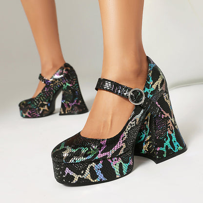 Chaussures à talons hauts et plateformes à bout rond et paillettes serpentines pour femmes