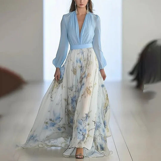 Women Fashion Elegant Printed V-Neck Long Sleeve Dress in Polyester