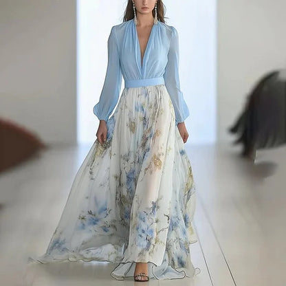 Women Fashion Elegant Printed V-Neck Long Sleeve Dress in Polyester