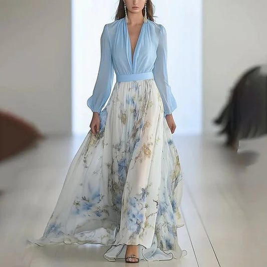 Women Fashion Elegant Printed V-Neck Long Sleeve Dress in Polyester