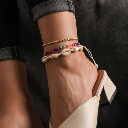 Conjunto de tobilleras de playa con perlas y conchas de Woen Fashion Vacation