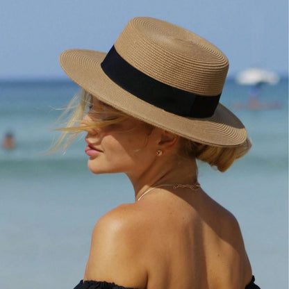 Sombrero de copa plana de paja elegante e informal a la moda para mujer con correas