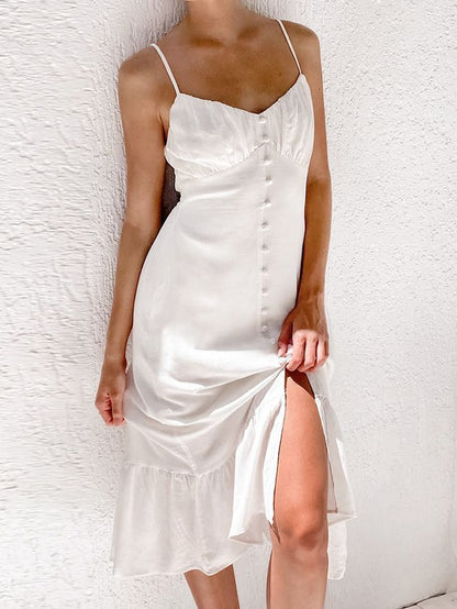 Vestido sexy de lino y algodón liso con tirantes finos y abertura para mujer