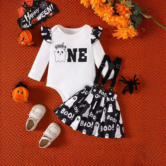 Kids Baby Girls Halloween Letter Print Romper Skirt Set