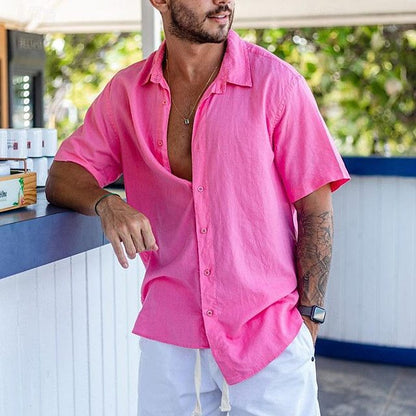 Camisa informal de algodón de manga corta y color liso para hombre con cuello de solapa
