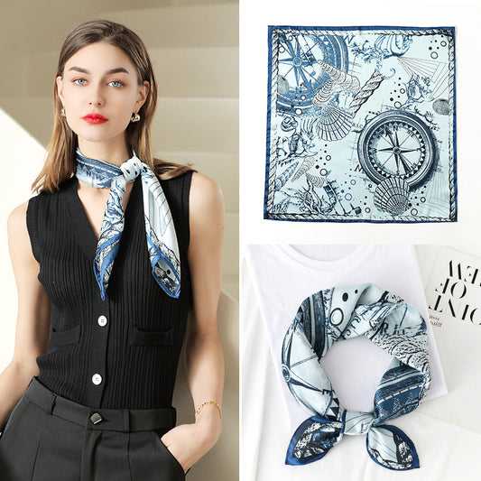Bufanda de seda cuadrada con estampado de ruleta clásica para mujer, accesorio elegante