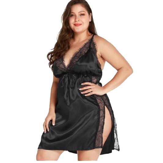 Pijama de satén con cuello en V y encaje sexy para mujer, talla grande