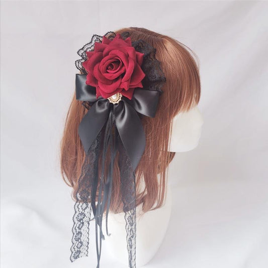 Accessoires pour cheveux en velours et dentelle rose style gothique Lolita