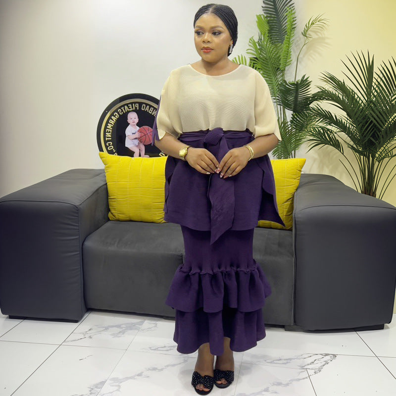 African Women Fashion Pleated Cape Ruffled Dress Set