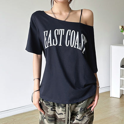 Camiseta de manga corta con estampado de letras de moda urbana de verano para mujer
