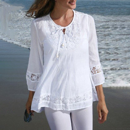 Blusa informal de lino y algodón de color liso para mujer