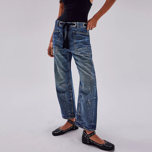 Women Fashion Stitching Loose Jeans Denim Cotton Street Style