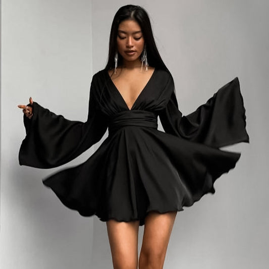 Women Fashion Sexy Deep V Acetic Satin Flare Sleeve Dress