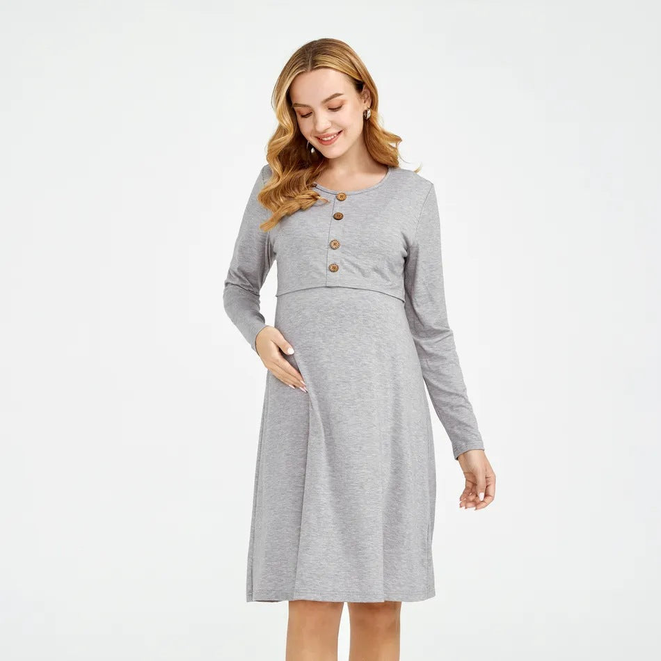 Vestido casual de cuello redondo de color sólido para mujeres embarazadas