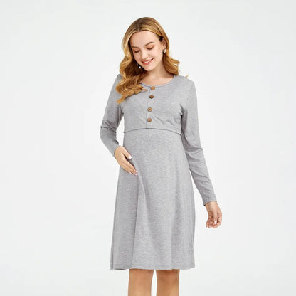 Vestido casual de cuello redondo de color sólido para mujeres embarazadas