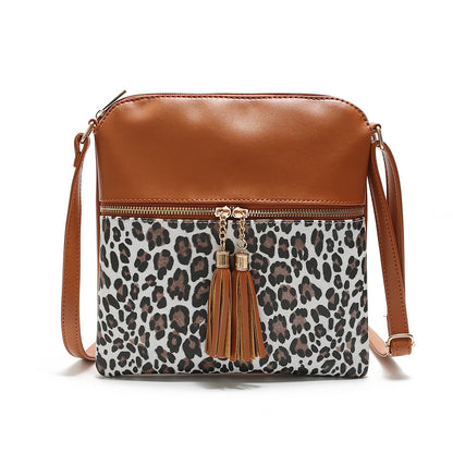 Women Contrast Color Leopard Tassel Bag