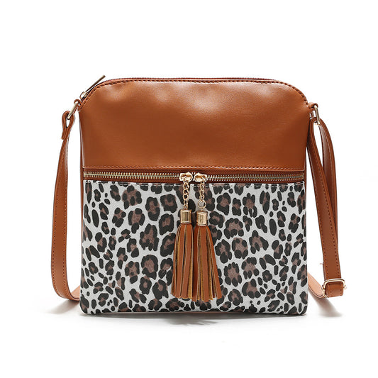 Women Contrast Color Leopard Tassel Bag