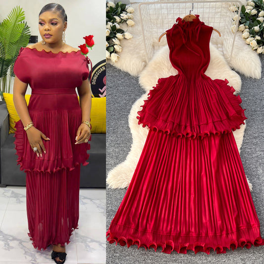 African Women Summer Pleated Ruffled Maxi Dress