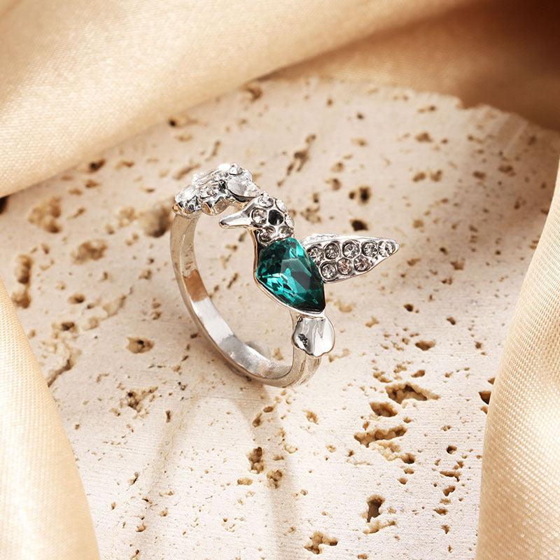 Anillo ajustable de colibrí con circonita verde para mujer - Elegante joya animal