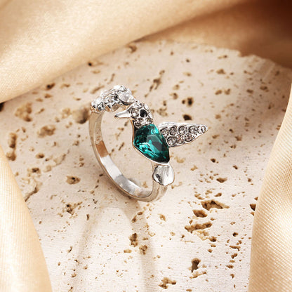 Anillo ajustable de colibrí con circonita verde para mujer - Elegante joya animal