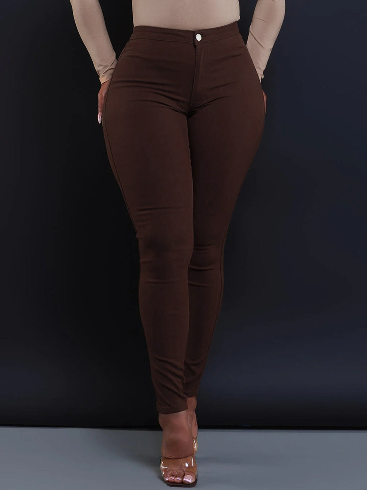 Women Fashion Solid Color Mid-Waist Tight Jeans