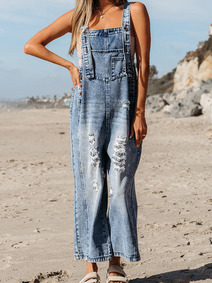 Autumn Cotton Denim Ripped Sleeveless Jumpsuit with High Waist