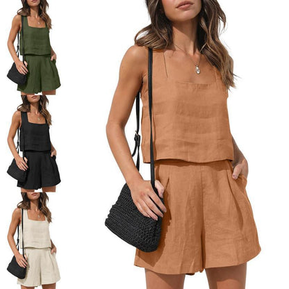 Women Casual Solid Color Linen Two-Piece Set