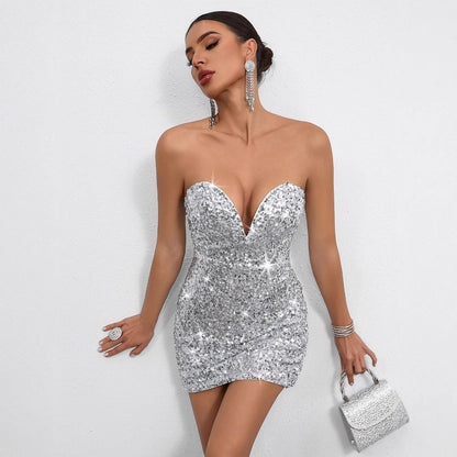 Women Sexy Sequin Strapless Party Dress Short Slim Fit Evening Gown