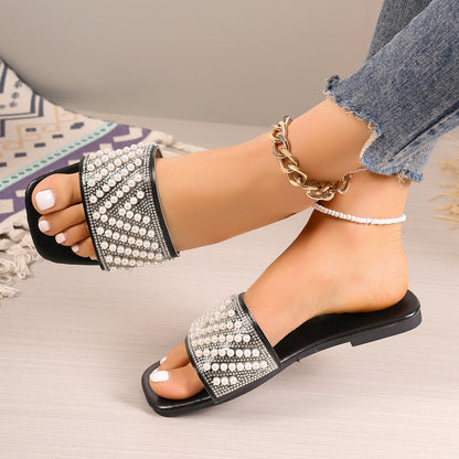 Zapatillas planas informales con punta cuadrada y perlas a la moda para mujer