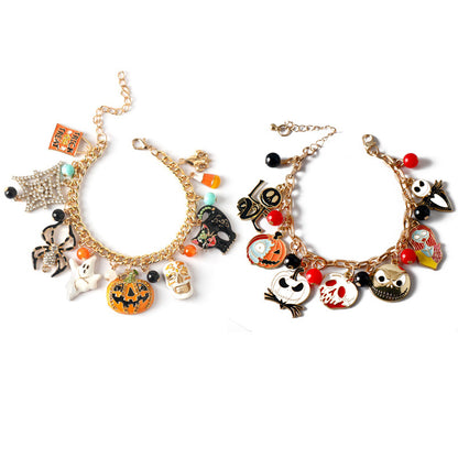 Pulsera de Halloween con colgante de calavera de calabaza, fantasma y araña de diamante
