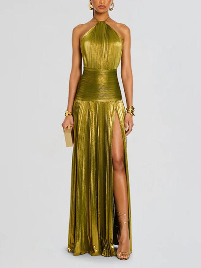 Women Elegant Solid Color Pleated Backless Dress
